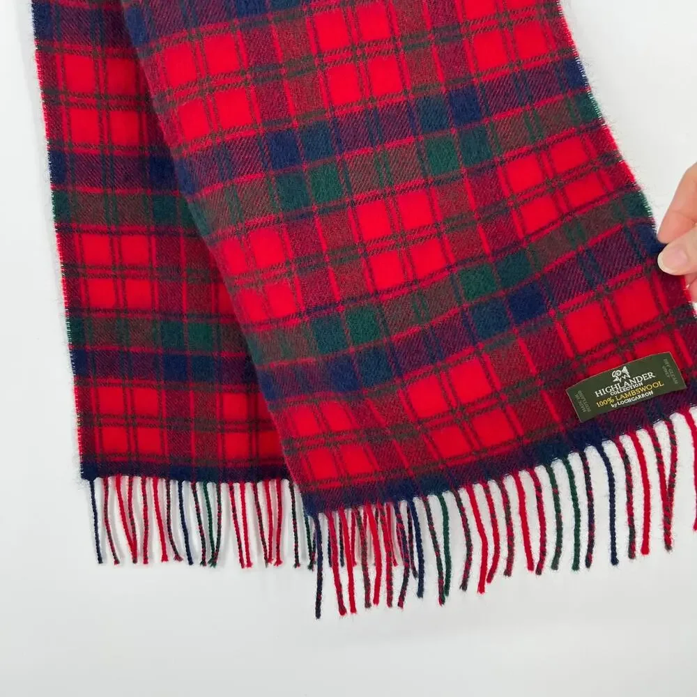 Lochcarron of Scotland Lambswool Neck Scarf Red Blue Green Tartan Fringe Unisex